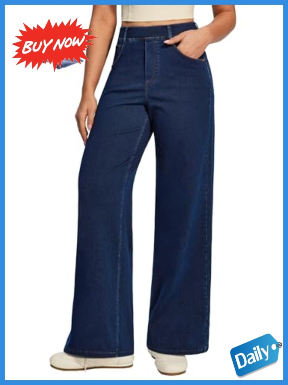 IUGA Tummy Control Wide Leg Jeans Women Pull On High Rise Denim Pants